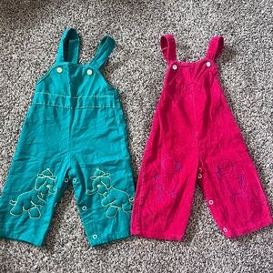 Vintage Kids Elephant and Duck Overalls - Green and Red